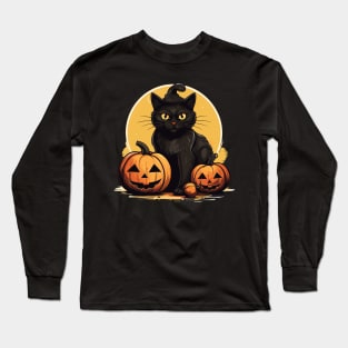 Retro Black Cat Halloween Pumpkin Costume Scary Spooky Night Long Sleeve T-Shirt